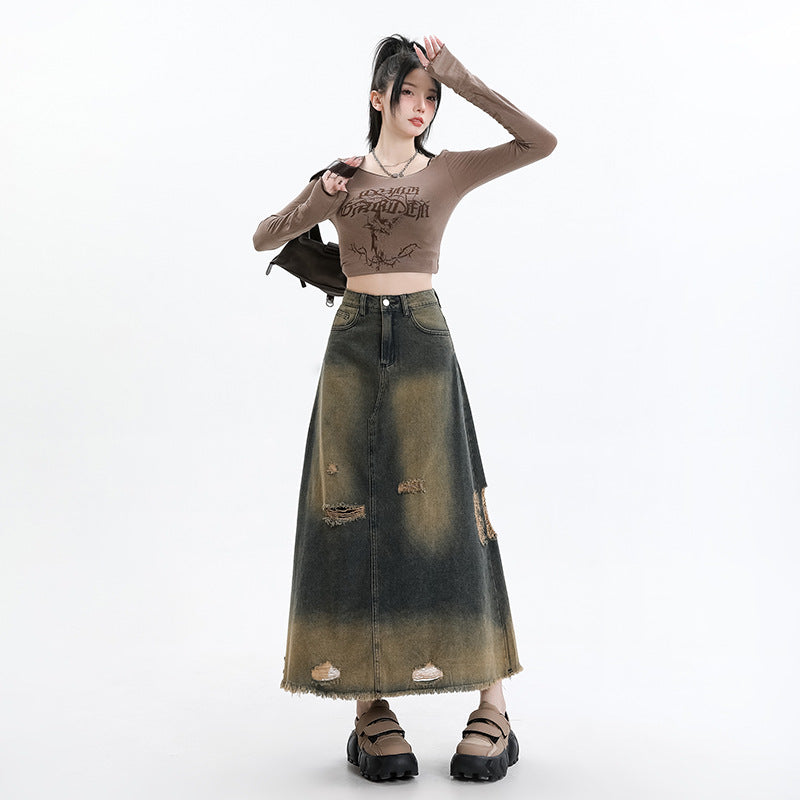 シルクデザイン アメリカン レトロ ダメージ デニム スカート レディース 春秋 新作