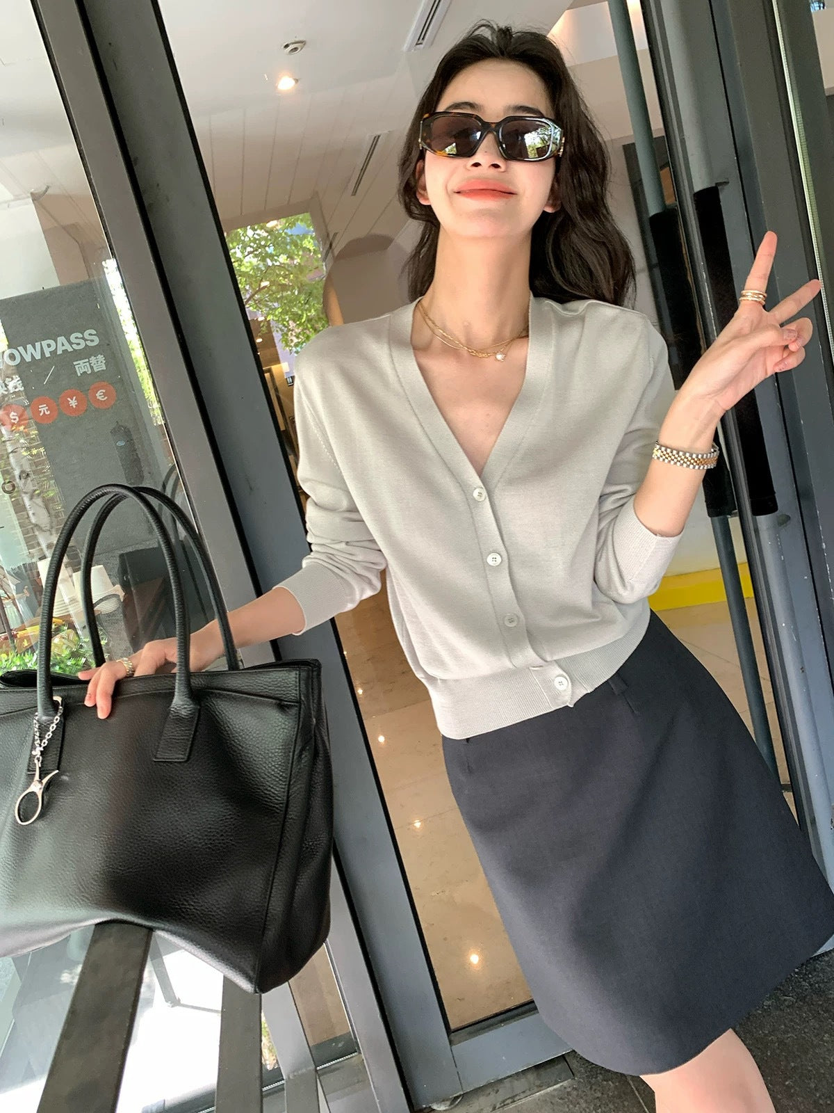 カーディガン レディース Vネック 薄手ニット 長袖 UVカット ショート丈 全3色 M-XL