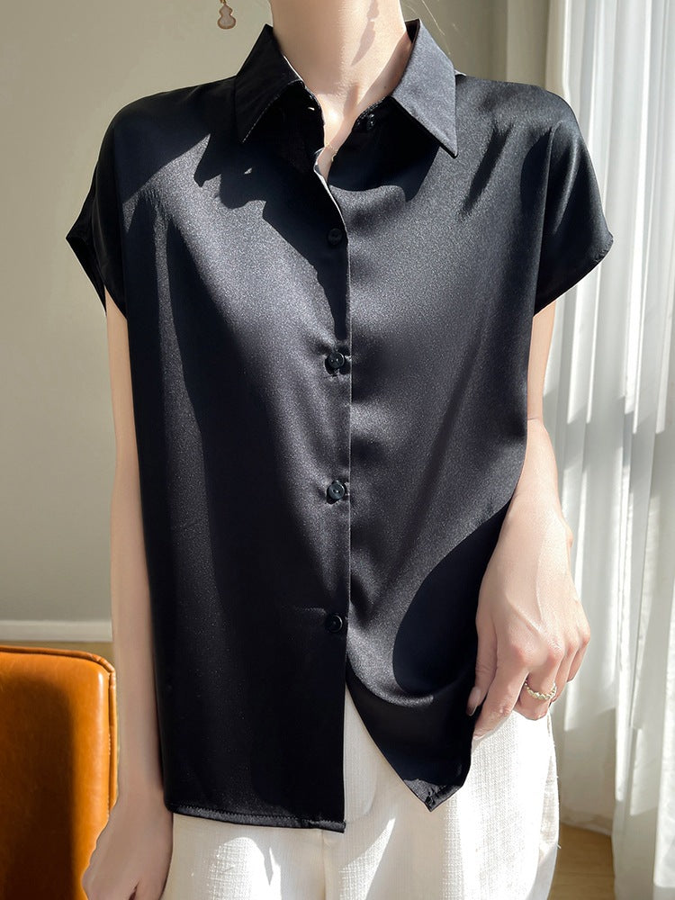 フレンチシャツ レディース 春夏 半袖 サテン風 無地 ゆったり 着痩せ 全3色 M-2XL