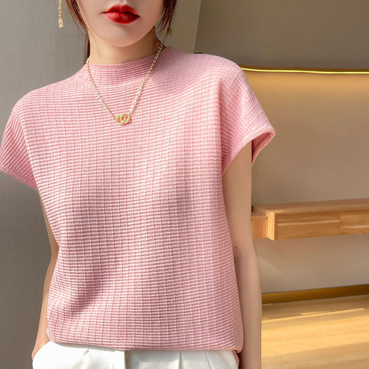 ウールニット 半袖 セーター ハイネック ゆるシルエット 大きいサイズ対応