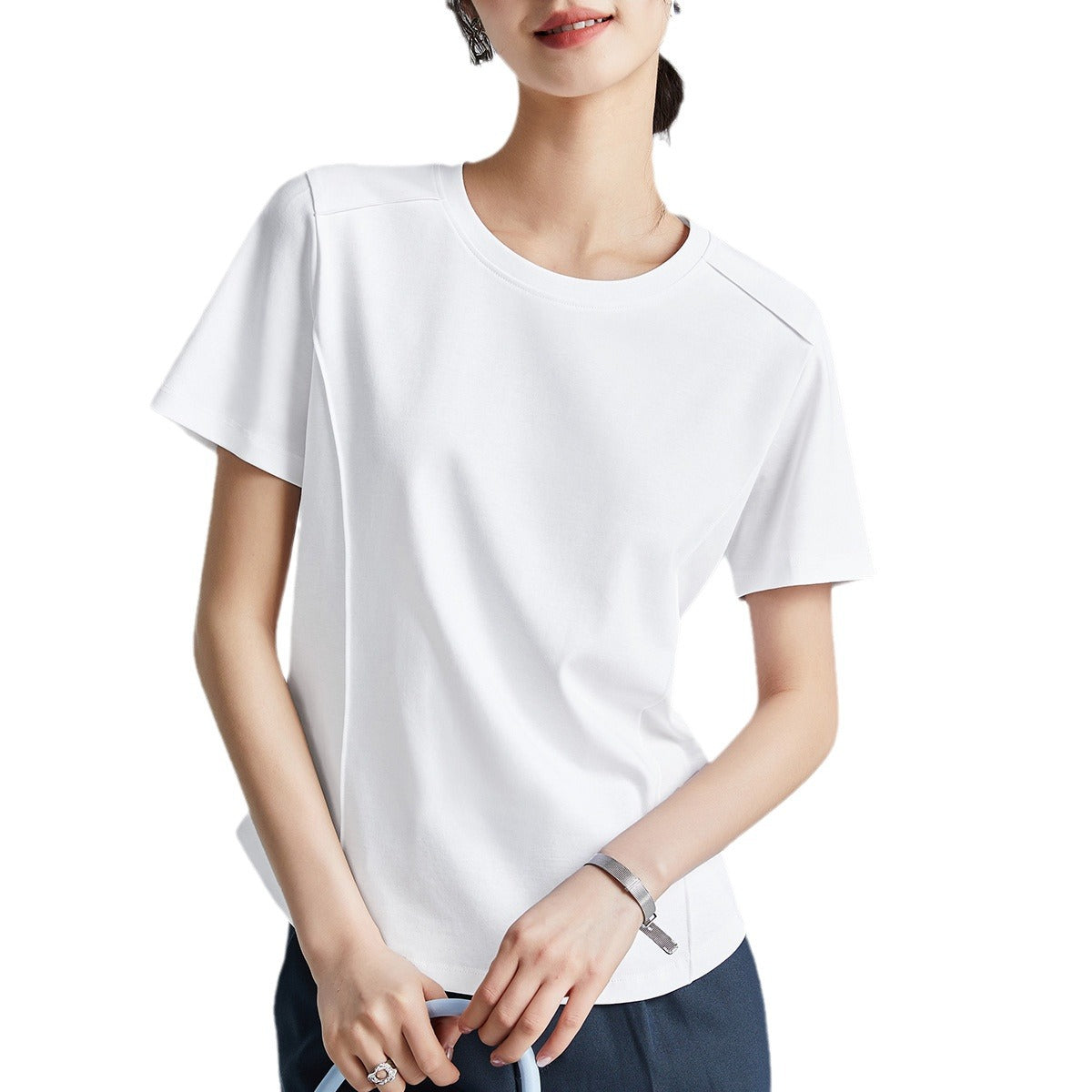 液体アンモニア加工 シルク混コットン半袖Tシャツ 丸首ベーシック