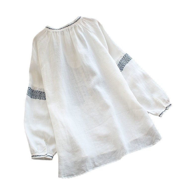 綿麻シャツ レディース 長袖 刺繍 エスニック ゆったり 大きいサイズ 全2色 M-5XL