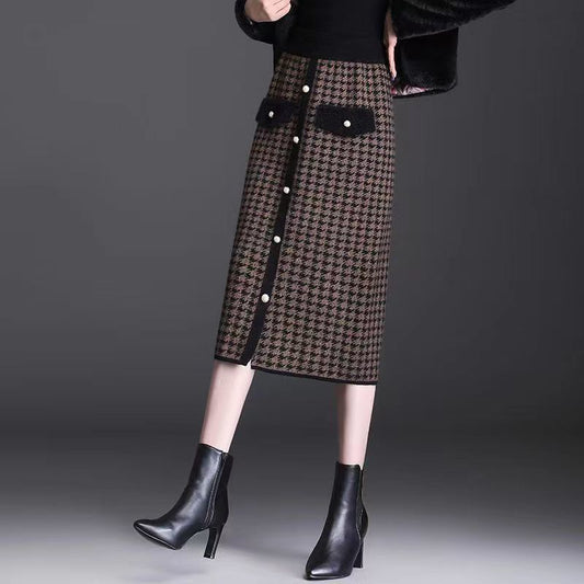 千鳥格子 ミモレ丈 ペンシルスカート 前ボタン ポケット風デザイン レディース 秋冬 通勤 きれいめ 上品 大きいサイズあり グレー コーヒー S-3XL