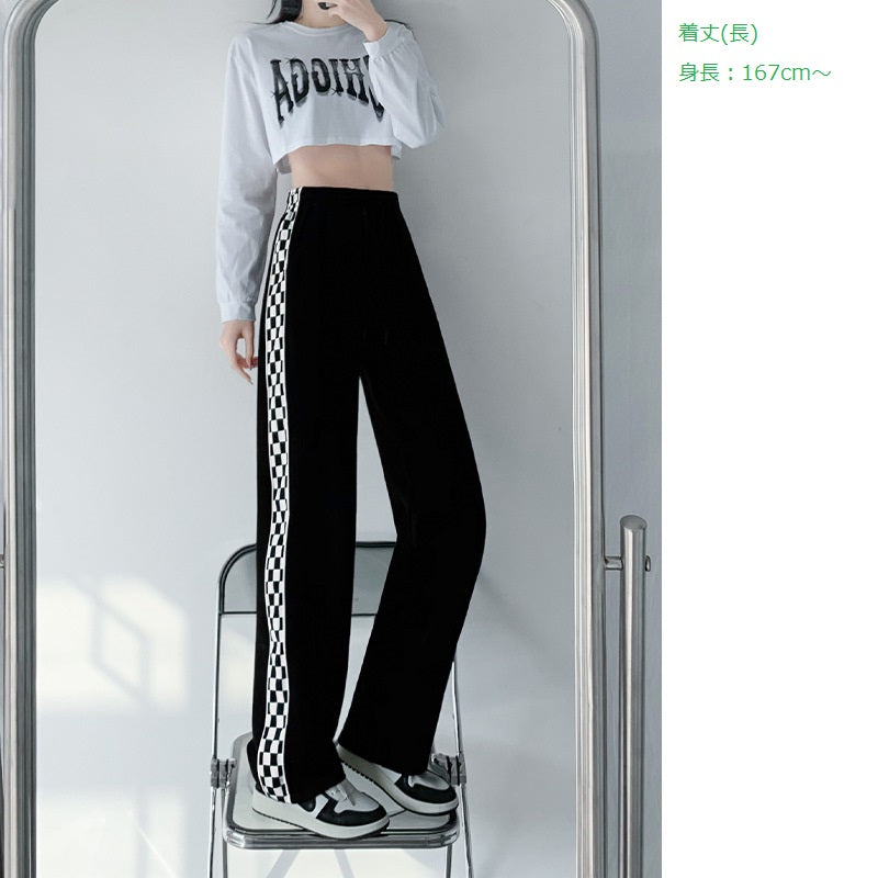 レディース ボトムス パンツ スウェットパンツ チェッカーボードチェック柄 プチワイドレッグ ハイウエストドレープ ルーズストレートフィット カジュアルグレー