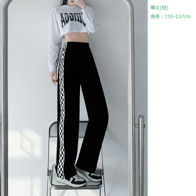 レディース ボトムス パンツ スウェットパンツ チェッカーボードチェック柄 プチワイドレッグ ハイウエストドレープ ルーズストレートフィット カジュアルグレー