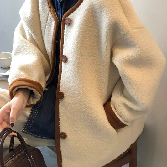 ボア風 ノーカラー カーディガン ジャケット_レディース_秋冬_長袖 ボタン ポケット ゆったり 大きいサイズ 軽やか_オフホワイト/ラクダ_M-3XL