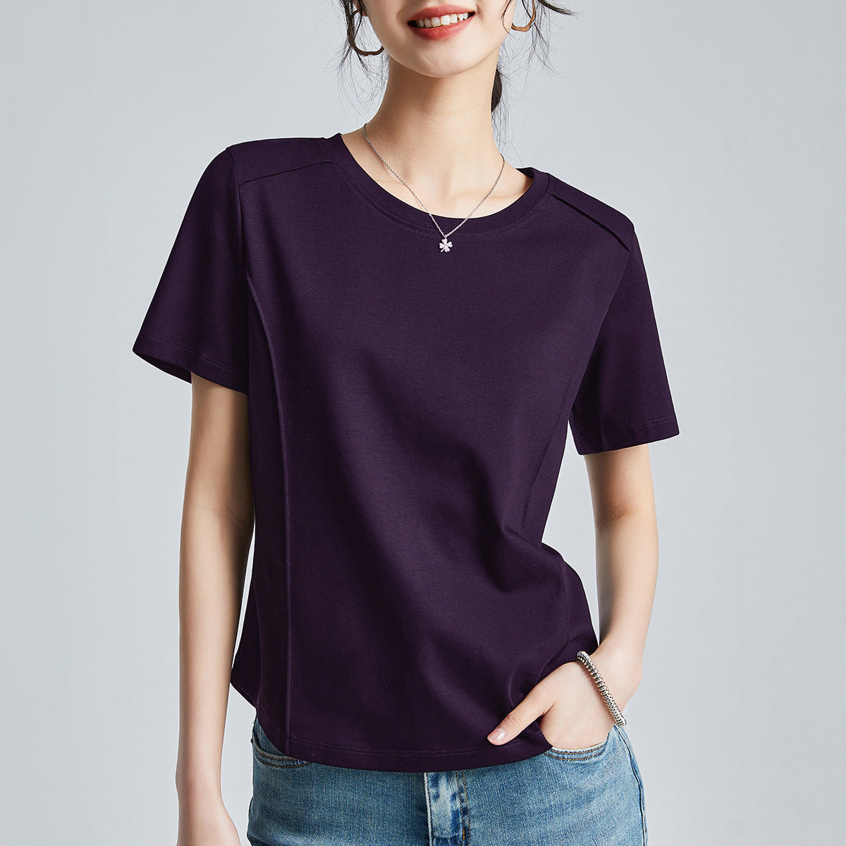 液体アンモニア加工 シルク混コットン半袖Tシャツ 丸首ベーシック