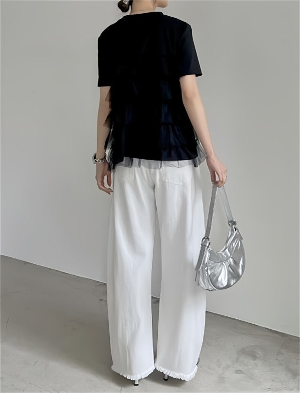 レディース トップス シャツ ブラウス フリーサイズ パッチワーク 半袖 ラウンドネック プルオーバ tシャツ ２色
