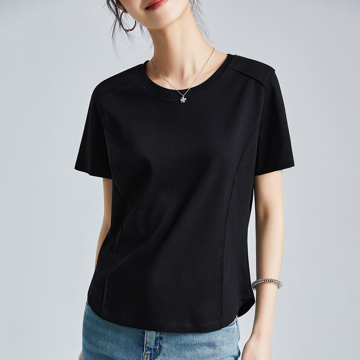 液体アンモニア加工 シルク混コットン半袖Tシャツ 丸首ベーシック