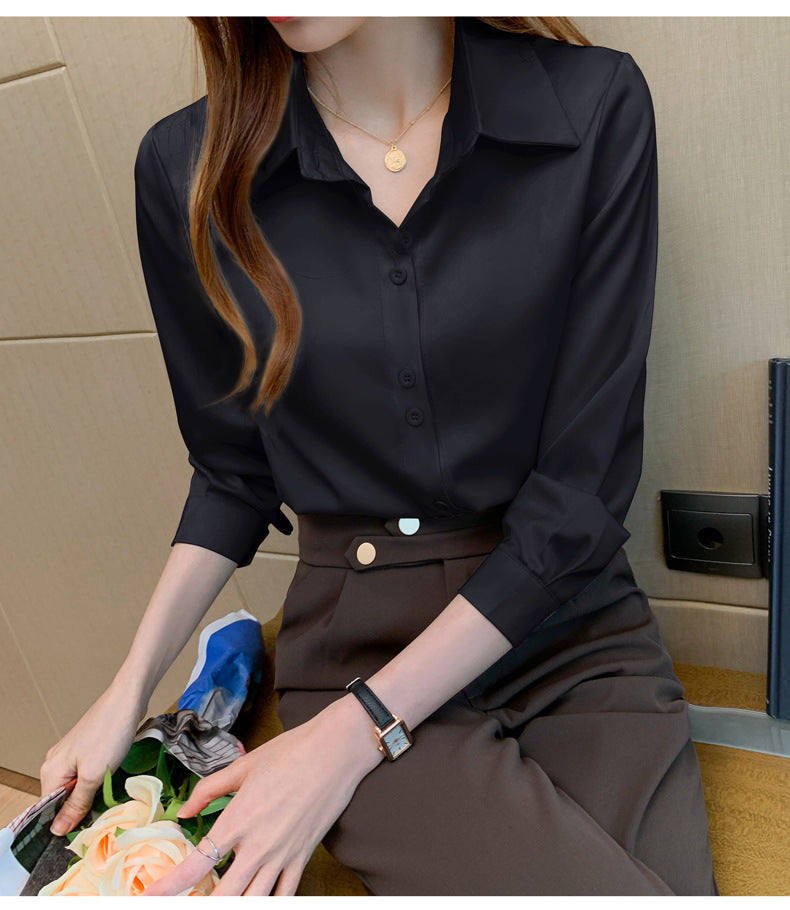 サテンシャツ レディース 春夏 アセテートサテン 長袖 シャツ 韓国風 オフィス 全7色 S-2XL