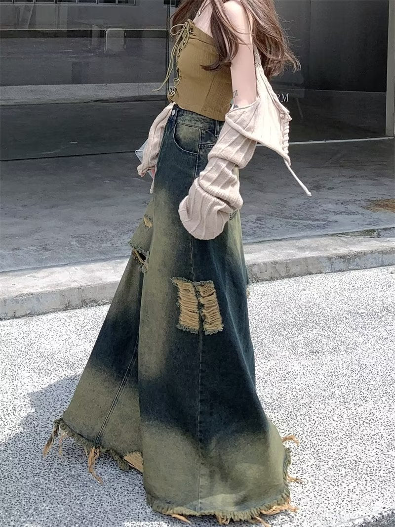 春秋 大きいサイズ ダメージ加工 デニム スカート レディース 太ももカバー カジュアル