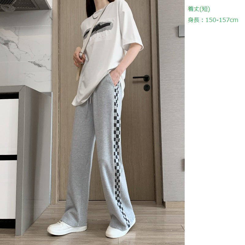 レディース ボトムス パンツ スウェットパンツ チェッカーボードチェック柄 プチワイドレッグ ハイウエストドレープ ルーズストレートフィット カジュアルグレー