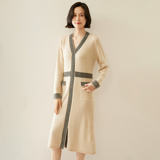 カシミヤ ニット ワンピース ロング Vネック ポケット付き オフィス映え きれいめ 上品_レディース_秋冬_長袖 カーディガン風 ゆったり_ライトベージュ/ブラック_M-XL