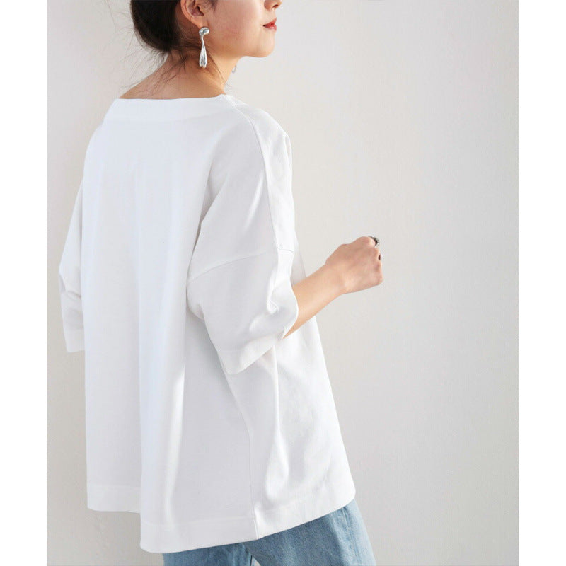 ゆったり五分袖！オフショル風ピュアコットンTシャツ 夏トップス
