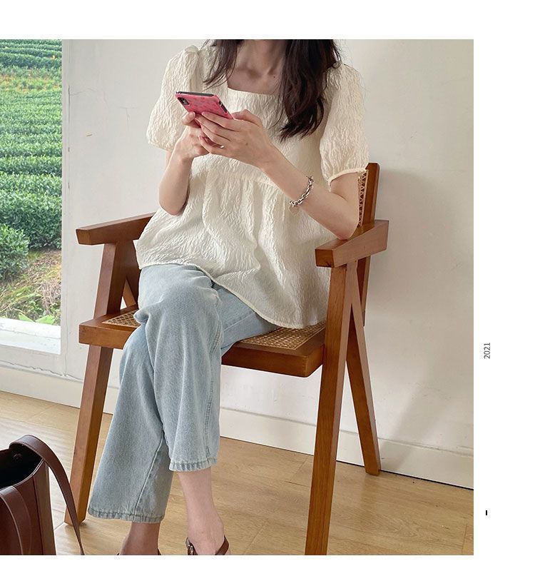 レディース トップス tシャツ Tシャツ カットソー ミドル丈 スクエアネック パフスリーブ クロスボーダー ルーズト カジュアル ２色
