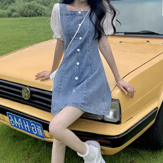 フランス風 夏 新作 小柄 パフスリーブ デニム ワンピース レディース 高級感 デザイン感◎