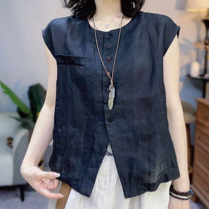 ノーカラーシャツ レディース 夏 リネン風 半袖 ラウンドネック ゆったり フレンチカジュアル 全4色 M-4XL