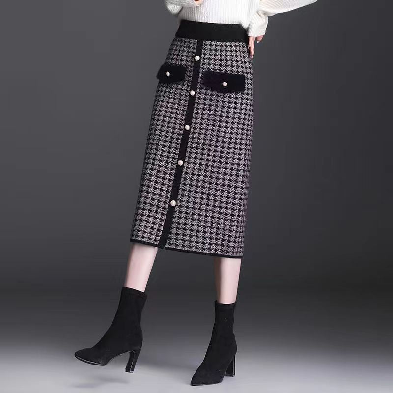 千鳥格子 ミモレ丈 ペンシルスカート 前ボタン ポケット風デザイン レディース 秋冬 通勤 きれいめ 上品 大きいサイズあり グレー コーヒー S-3XL