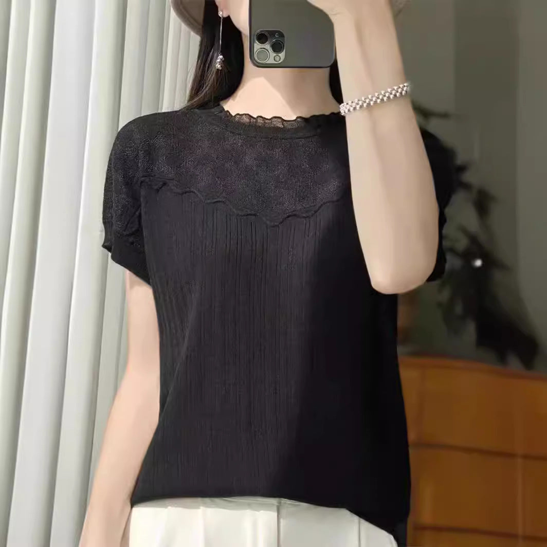 フレンチシック 薄手 ウール ニット Tシャツ 超軽量 通気性抜群 半袖デザイン