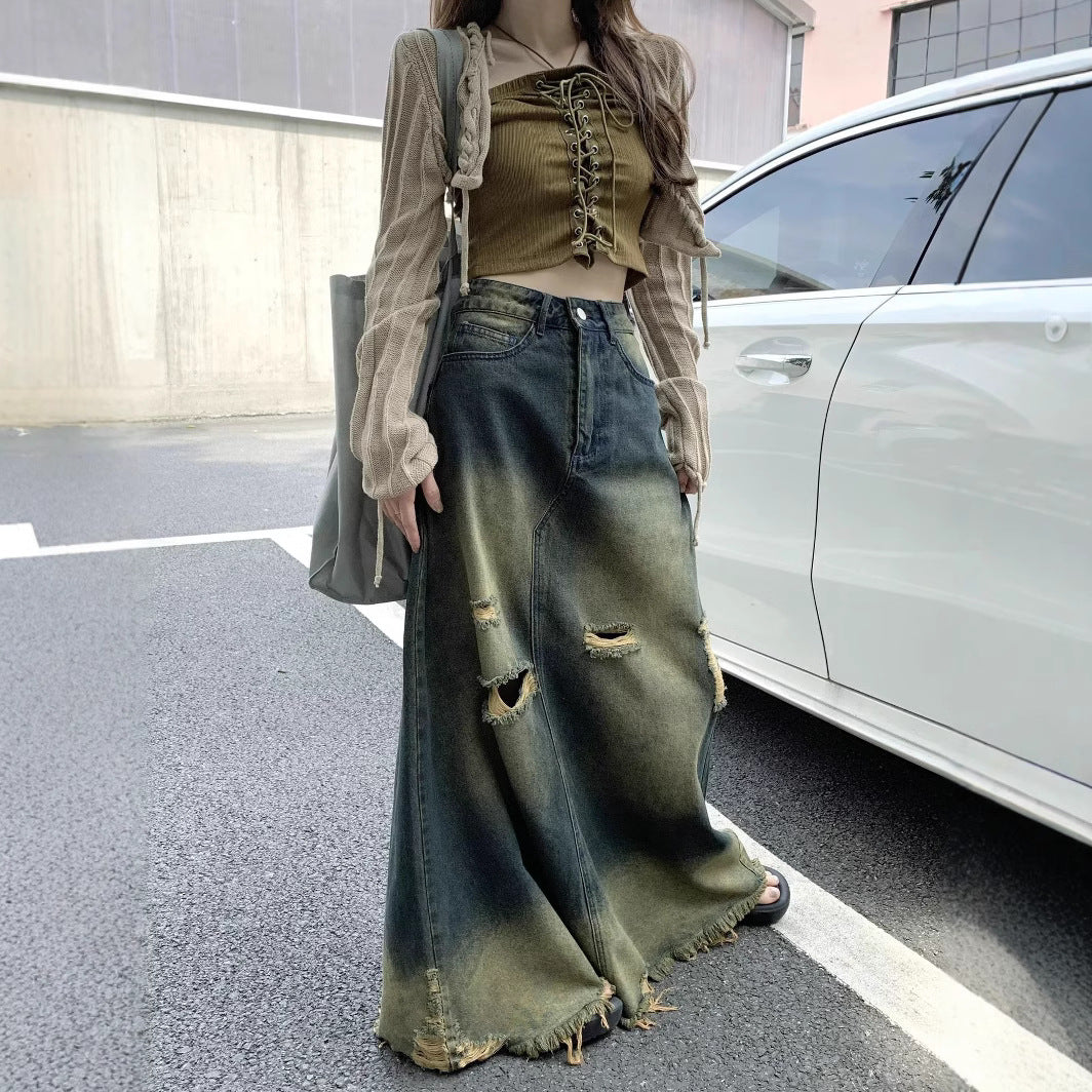 春秋 大きいサイズ ダメージ加工 デニム スカート レディース 太ももカバー カジュアル