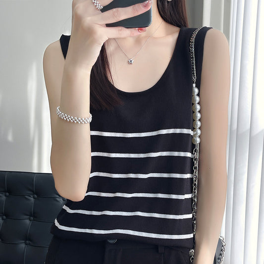 白黒ストライプ ニットベスト レディース 夏 セクシースリムデザイン