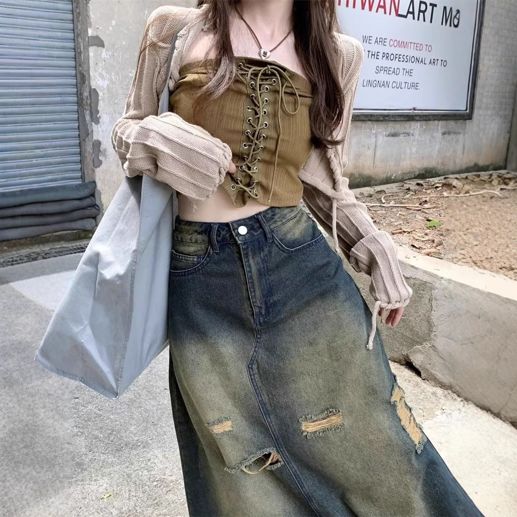 春秋 大きいサイズ ダメージ加工 デニム スカート レディース 太ももカバー カジュアル