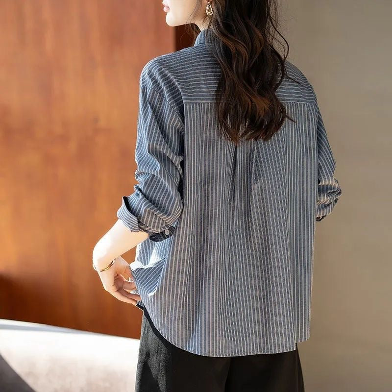 ストライプシャツ レディース 長袖 ゆったり ポケット付き 通勤 カジュアル 全1色 S-4XL