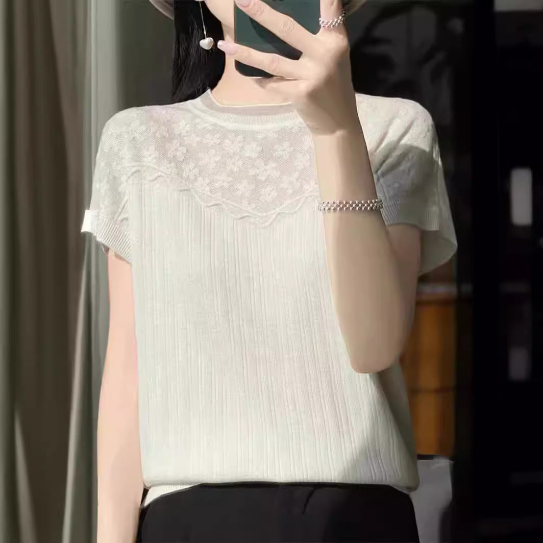 フレンチシック 薄手 ウール ニット Tシャツ 超軽量 通気性抜群 半袖デザイン