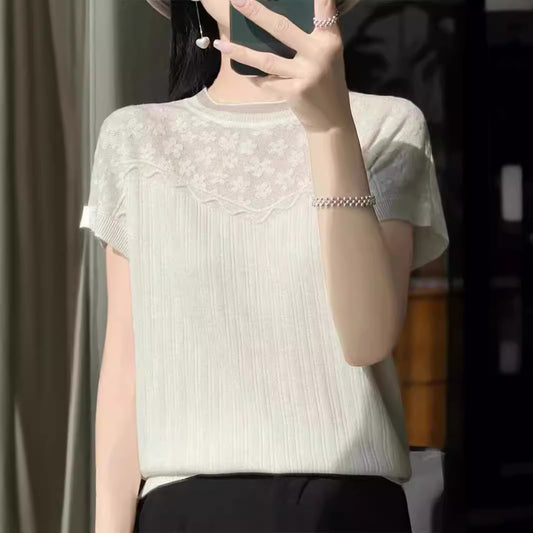 フレンチシック 薄手 ウール ニット Tシャツ 超軽量 通気性抜群 半袖デザイン