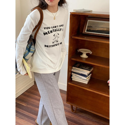 ロゴ イラスト プリント 長袖 Tシャツ レディース 春秋 ゆったり 体型カバー モノトーン ホワイト フリー ダークグレー フリー ライトグレー フリー