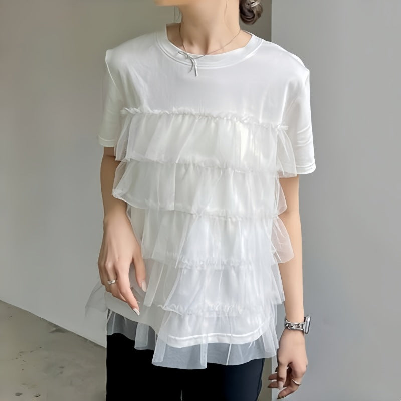 レディース トップス シャツ ブラウス フリーサイズ パッチワーク 半袖 ラウンドネック プルオーバ tシャツ ２色