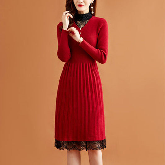 レース切替 リブ ニット ワンピース レディース 秋冬 長袖 プリーツ きれいめ 上品 オフィス映え 体型カバー ロング 秋 きれいめ ワンピース ルージュ フリー