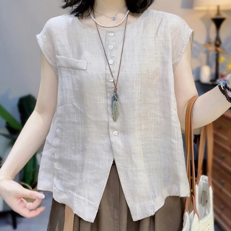 ノーカラーシャツ レディース 夏 リネン風 半袖 ラウンドネック ゆったり フレンチカジュアル 全4色 M-4XL