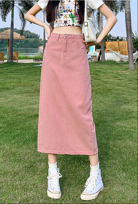 ピンク デニム スカート レディース 夏 薄手 高ウエスト 小柄 着痩せ 効果◎