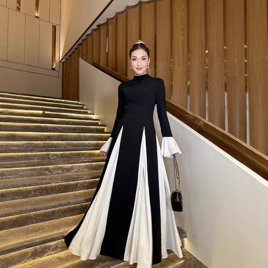 欧米風 春夏 ラッパ袖 配色 ワンピース 着痩せ きれいめ 大人 カジュアル