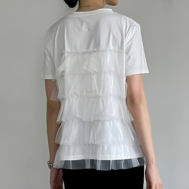 レディース トップス シャツ ブラウス フリーサイズ パッチワーク 半袖 ラウンドネック プルオーバ tシャツ ２色
