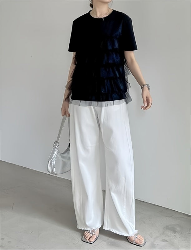 レディース トップス シャツ ブラウス フリーサイズ パッチワーク 半袖 ラウンドネック プルオーバ tシャツ ２色