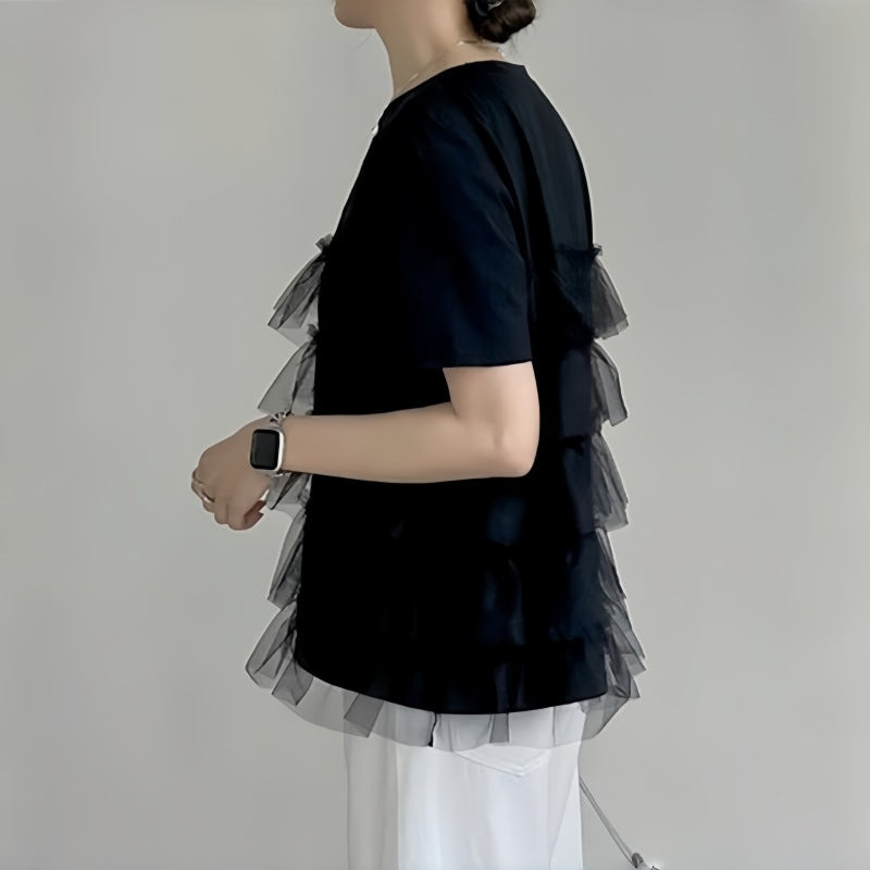 レディース トップス シャツ ブラウス フリーサイズ パッチワーク 半袖 ラウンドネック プルオーバ tシャツ ２色
