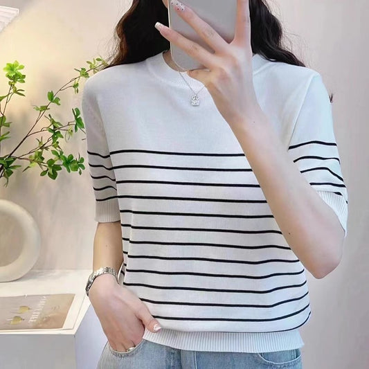 春夏新作 丸襟 ストライプ ニット 半袖 Tシャツ シンプル おしゃれ デザイン