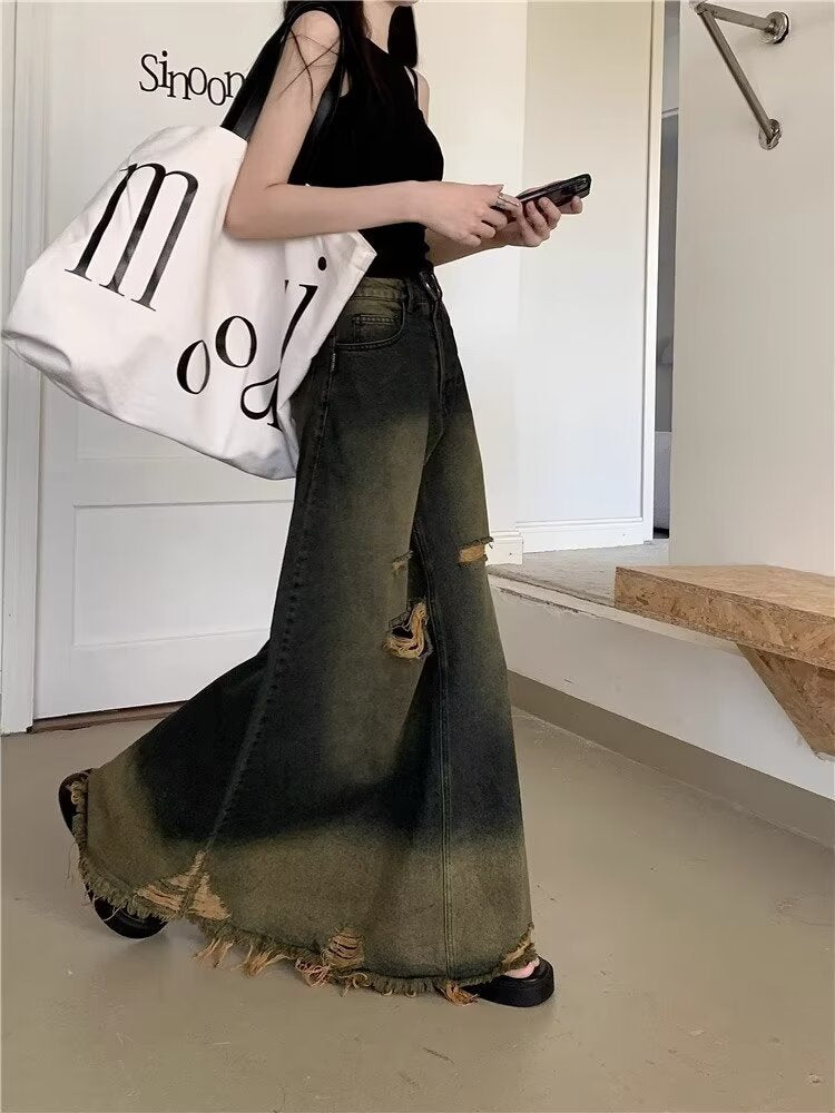 秋冬 レトロ 青 ダメージ デニム スカート レディース Aライン ハイウエスト ロング丈