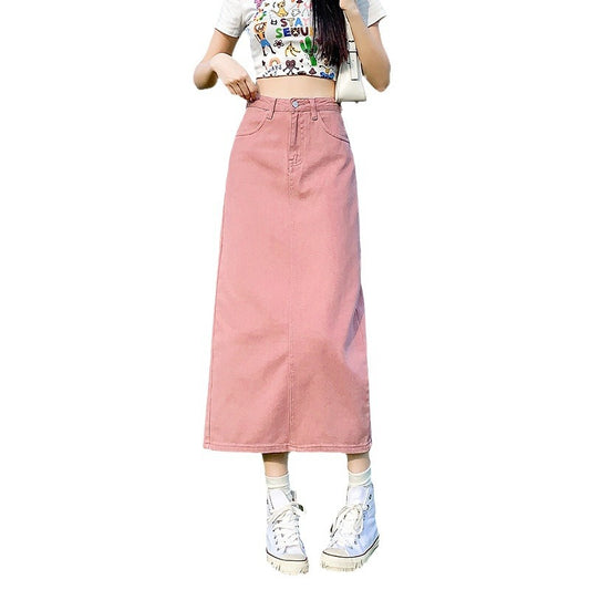ピンク デニム スカート レディース 夏 薄手 高ウエスト 小柄 着痩せ 効果◎