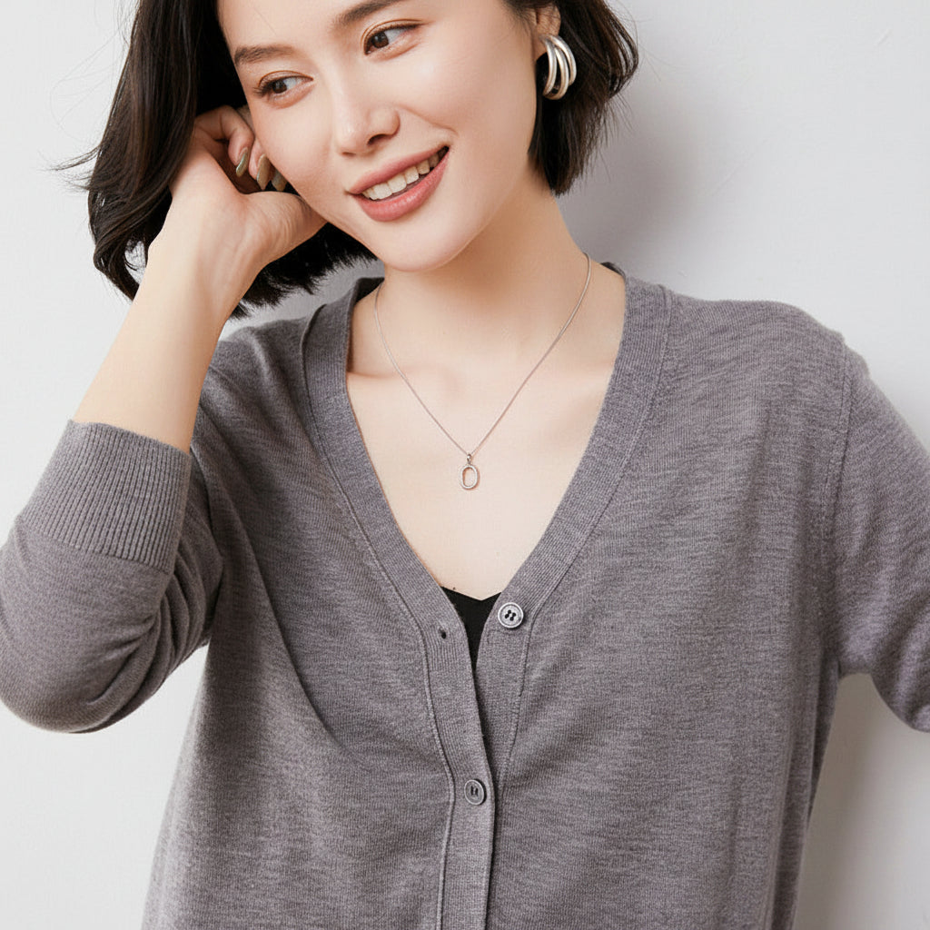 カーディガン レディース 薄手 ウール混 Vネック ボタン 春秋 全6色 S-2XL