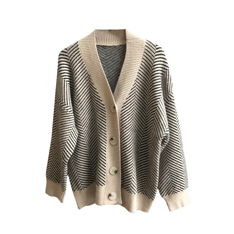 厚手ストライプニットカーディガン女性用  秋シンプル気質 Vネック長袖ゆったりトップ