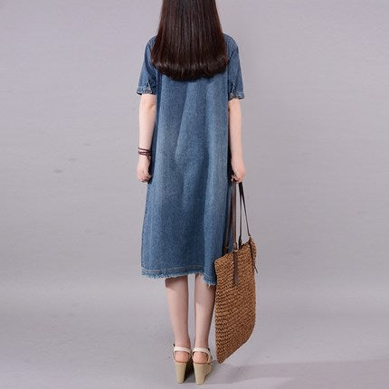 韓国プラスサイズミドル丈半袖デニムドレス