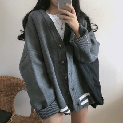 セーターレディース秋冬韓国ルーズオールマッチ学生用 Vネックレイジースタイルトップス女性用カーディガンセータースモールジャケット