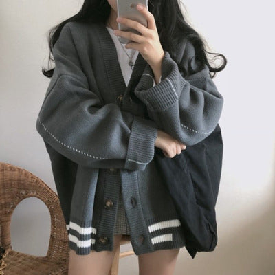セーターレディース秋冬韓国ルーズオールマッチ学生用 Vネックレイジースタイルトップス女性用カーディガンセータースモールジャケット