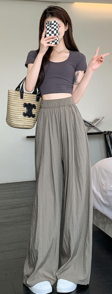 新着 夏 レディース ボトムス パンツ アイスシルク ワイドレッグパンツ 薄型 ハイウエストドレープ 和風 のんびり スロッピー コットン ストレートフィット カジュアルパンツ