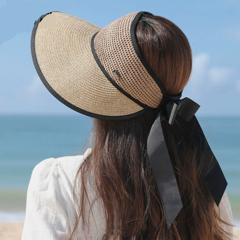 サンハット レディース 夏用 スカイトップ 麦わら帽子 つばの広い 日よけ 日焼け防止 大きなつばの折り畳み式 ビーチハット
