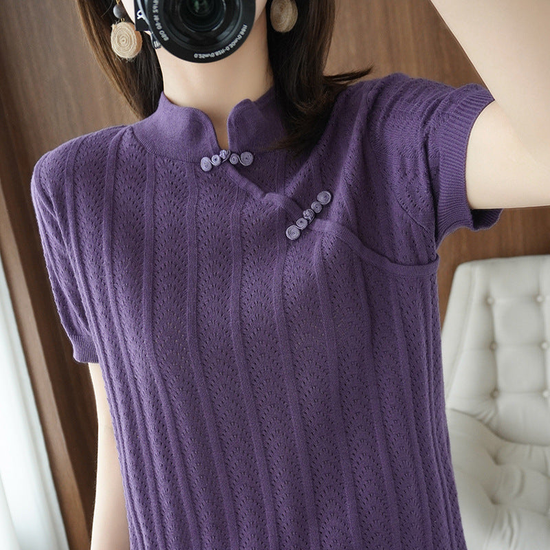 薄手ニット半袖Tシャツ ハーフスリーブ チャイニーズスタイル