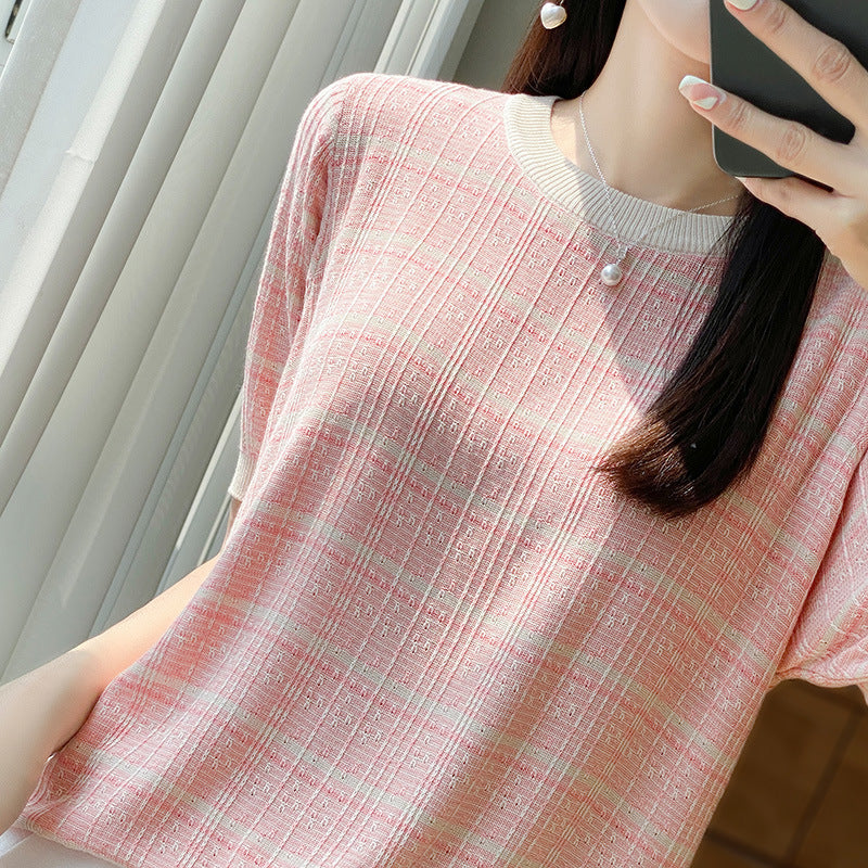 チェック柄ニットスリム アイスシルク クールTシャツ